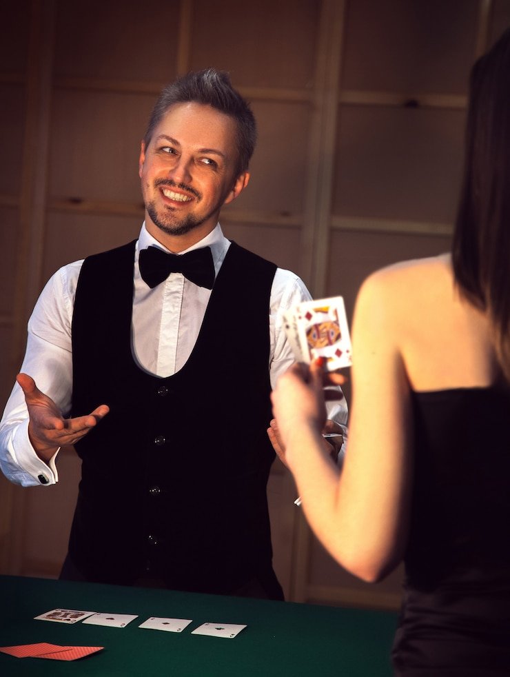 Live dealer at blackjack table with real-time chat interface